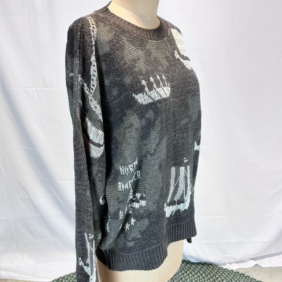 VINTAGE Viking sail ship global war map knit sweater crewneck history 80s 90s - Picture 10 of 15